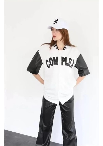 Complex Kolları Deri Kolej Oversize T-Shirt - Beyaz fırsatları