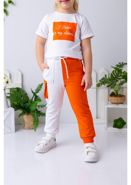 Kız Çocuk Renk Bloklu Kargo Cepli Eşofman Altı - Oranj