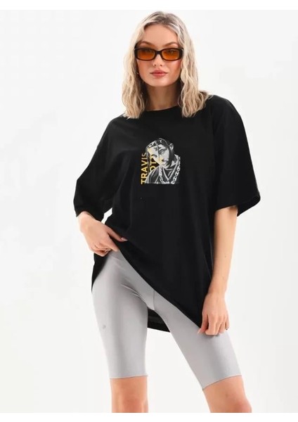Unisex Baskılı Oversize T-Shirt - Siyah modelleri