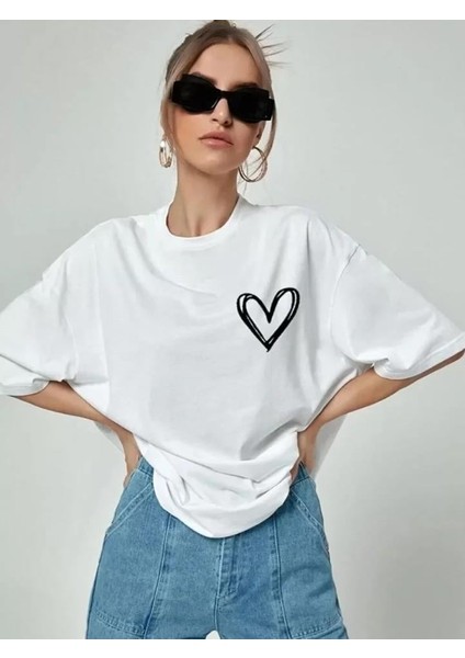 Bisiklet Yaka Baskılı Oversize T-Shirt - Beyaz fiyatları