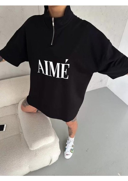Unisex Yarım Fermuarlı Baskılı T-Shirt - Siyah modelleri
