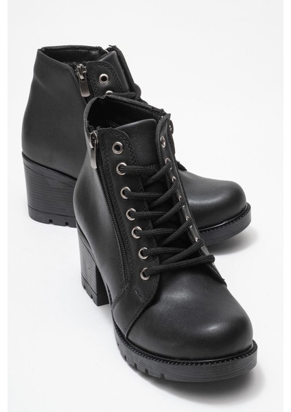 Kadın Bağcıklı Topuklu Bot Siyah Cilt