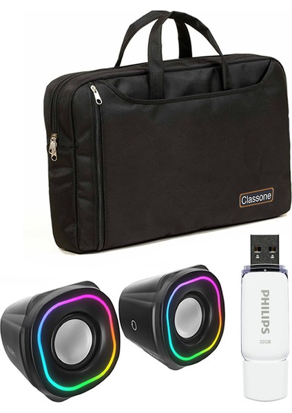Phılıps 32GB USB 2.0 Flash Bellek - Mikado MD-180 Speaker Hoparlör - Classone NB156R-1 Notebook Çanta (3lü Set)