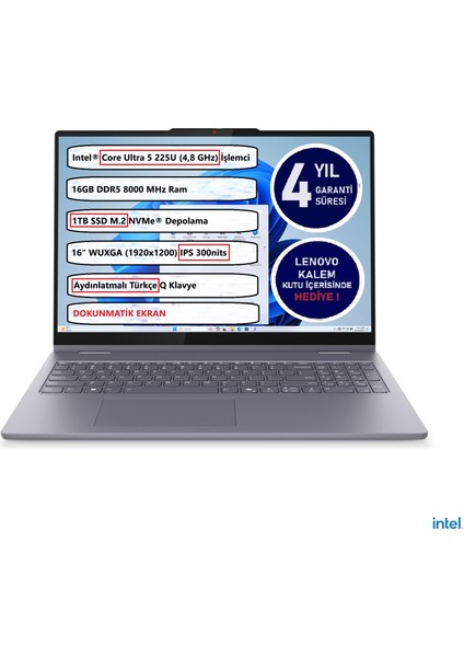 Ideapad 5 2 In 1 16IAL10 Intel® Core Ultra 5 225U 16GB 1tb SSD 16" Touch 83KS0005TR Freedos Dokunmatik Bilgisayar