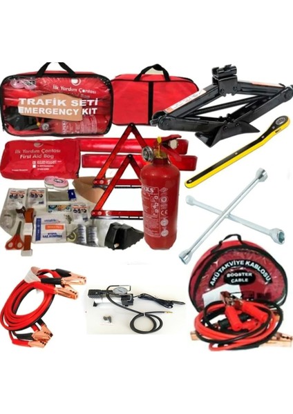 Beşli Araç Seti Trafik Seti + Akü Takviye Kablosu + Kriko + Bijon Anahtarı + Metal Hava Kompresörü