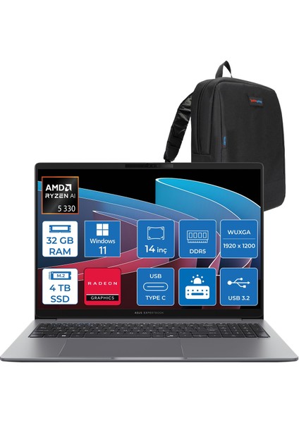 Expertbook P3 PM3406CKA Ryzen Aı 5-330 32GB Ddr5 4tb SSD Radeon 820M 14.0-Inch, Wuxga (1920 x 1200) 300NITS WIN11PRO Taşınabilir Bilgisayar PM3406CKA5P10+ZETTAÇANTA