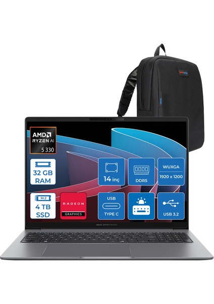 Expertbook P3 PM3406CKA Ryzen Aı 5-330 32GB Ddr5 4tb SSD Radeon 820M 14.0-Inch, Wuxga (1920 x 1200) 300NITS Freedos Taşınabilir Bilgisayar PM3406CKA5F10+ZETTAÇANTA