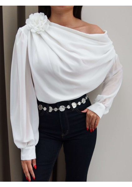 Tek Omuz Gül Detaylı Şifon Bluz modelleri