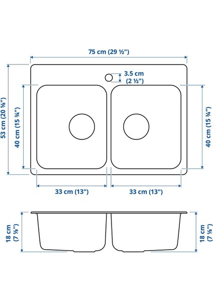 Çift Gözlü Eviye, Paslanmaz Çelik, 75X53 cm fırsatları