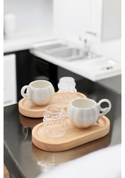 6 Parça 2 Kişilik Porselen Kahve Fincanı Takımı, Bambu Altlık ve Üzüm Deseni