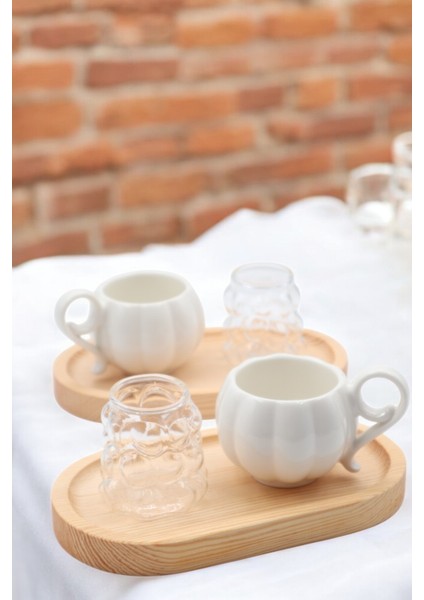 6 Parça 2 Kişilik Porselen Kahve Fincanı Takımı, Bambu Altlık ve Üzüm Deseni fiyatları