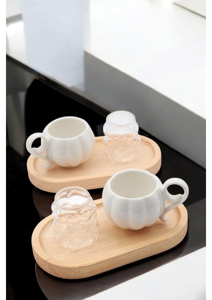 6 Parça 2 Kişilik Porselen Kahve Fincanı Takımı, Bambu Altlık, Üzüm Desenli modelleri