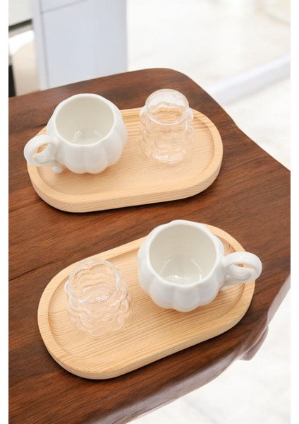 6 Parça 2 Kişilik Porselen Kahve Fincanı Takımı, Bambu Altlık, Üzüm Desenli indirimleri