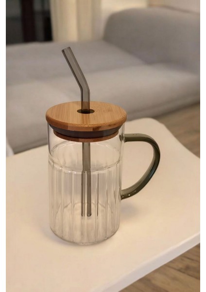 Füme Renkli 420 ml Cam Kupa, Bambu Kapak ve Pipet ile Şık Tasarım