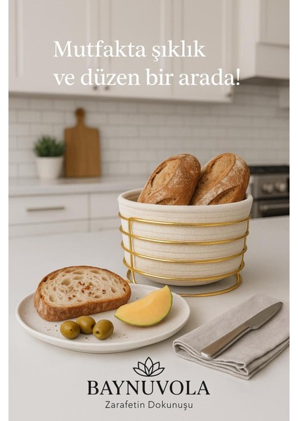 Şık Beyaz Hasır Ekmek Sepeti, Gold Detaylı, Estetik ve Pratik Kullanım