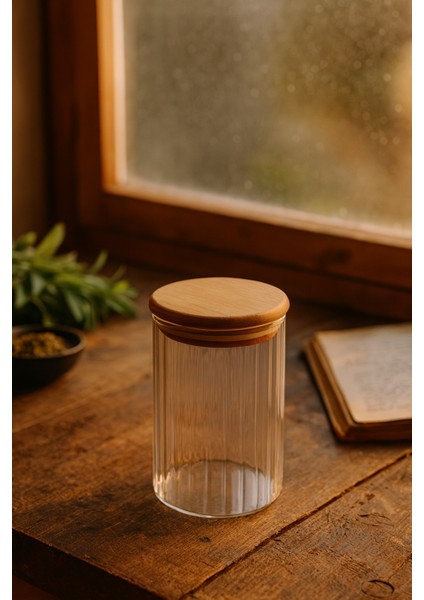 3’lü Çizgili Cam Baharatlık Seti, Hava Geçirmez Bambu Kapak, 850 ml