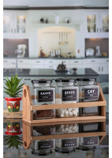 3'lü Siyah Kapaklı 1000ML Kavanoz Takımı, Standlı ve Etiketli, Çay Kahve Şeker