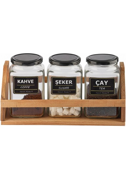 3'lü Siyah Kapaklı 1000ML Standlı Çay Kahve Şeker Kavanoz Seti fiyatları