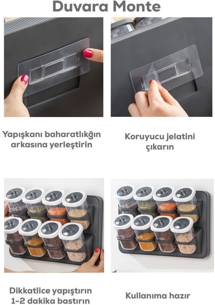 8'li Kendinden Yapışkanlı Baharatlık Seti, Döner Kapaklı, Tezgah Üstü