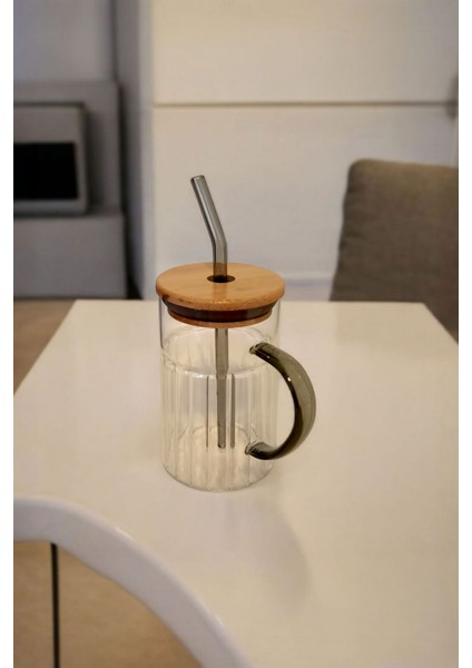 Bambu Kapaklı Cam Pipetli Kupa 420 Ml, Füme Renkli, Şık ve Sağlıklı Tasarım fiyatları
