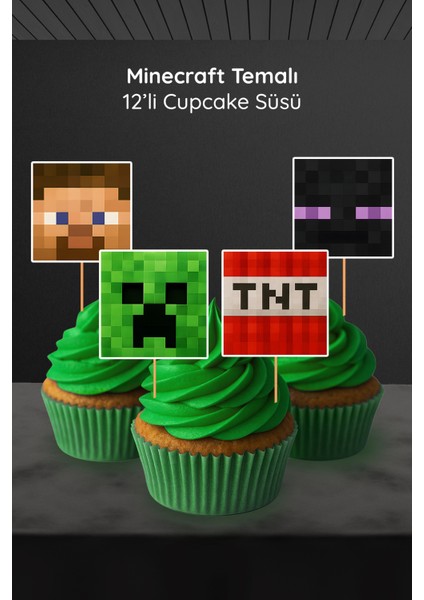 Minecraft Temalı 12’li Cupcake Süsü (Creeper, Steve, Tnt, Enderman Doğum Günü Parti Malzemeleri)