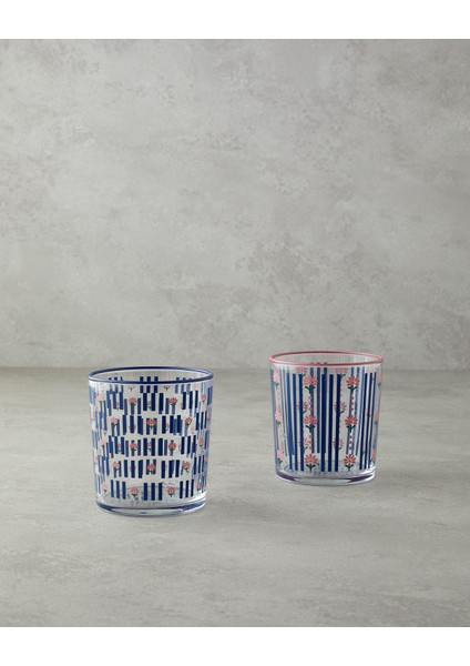 Retro Bahçe Cam 2'li Bardak Seti, Mavi ve Pembe Renk Seçenekleri