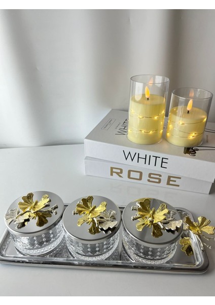 Gümüş Renk 3'lü Cam Kapaklı Çerezlik ve Baharatlık Seti