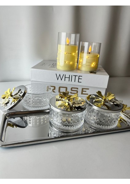 Gümüş Renk 3'lü Cam Kapaklı Çerezlik ve Baharatlık Seti fırsatları