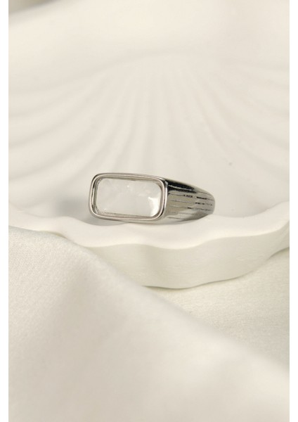 Üzeri Dikdörtgen Taşlı Ayarlanabilir Çelik Yüzük