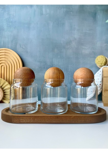 Ahşap Standlı 3'lü Cam Baharatlık ve Kavanoz Seti, Kahverengi