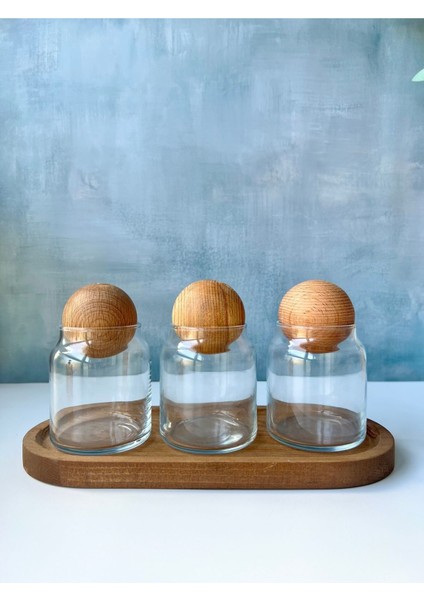 Ahşap Standlı 3'lü Cam Baharatlık ve Kavanoz Seti, Kahverengi modelleri