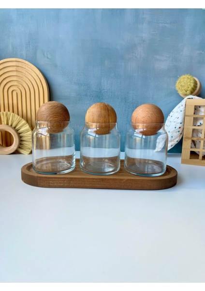 Ahşap Standlı 3'lü Cam Baharatlık ve Kavanoz Seti, Kahverengi fırsatları
