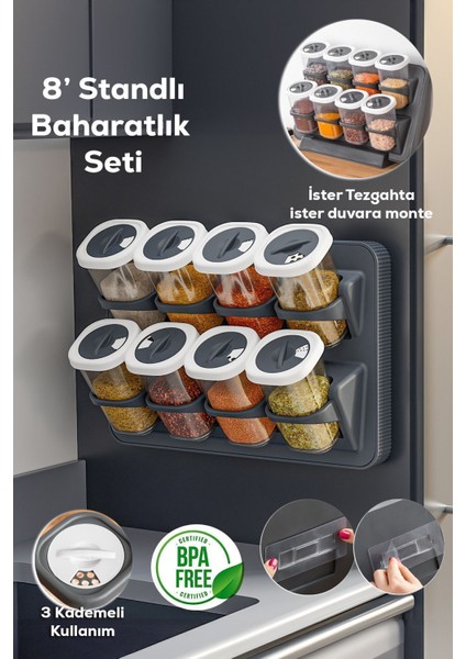8'li Kendinden Yapışkanlı Döner Baharatlık Seti, Pratik ve Şık Tasarım
