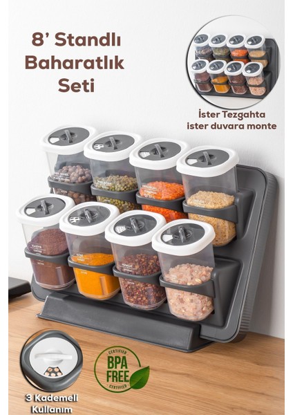 8'li Kendinden Yapışkanlı Döner Baharatlık Seti, Pratik ve Şık Tasarım modelleri