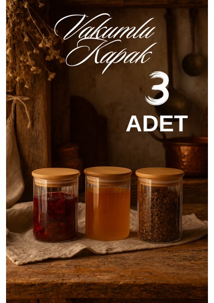 3’lü Çizgili Cam Baharatlık Seti, Hava Geçirmez Bambu Kapaklı, 850 ml