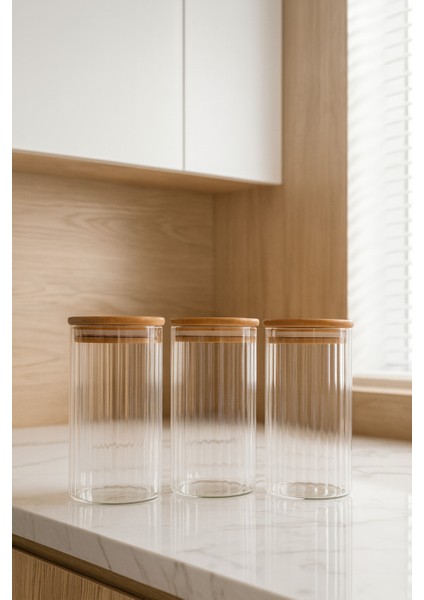 3’lü Çizgili Cam Baharatlık Seti, Hava Geçirmez Bambu Kapaklı, 850 ml fiyatları
