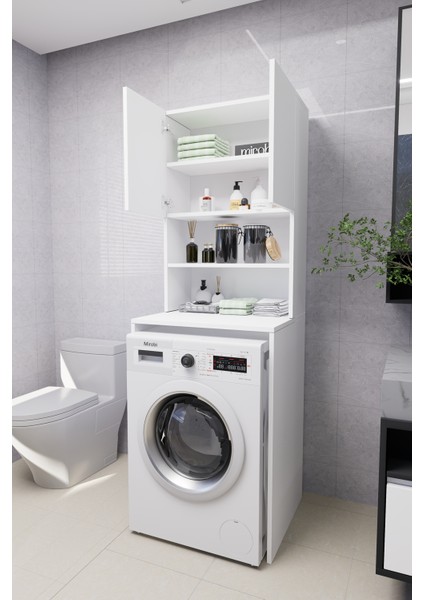 Verani Çamaşır Makinesi Dolabı Banyo Kiler Çift Kapaklı Arkalıklı Dolap Beyaz 180X65X30