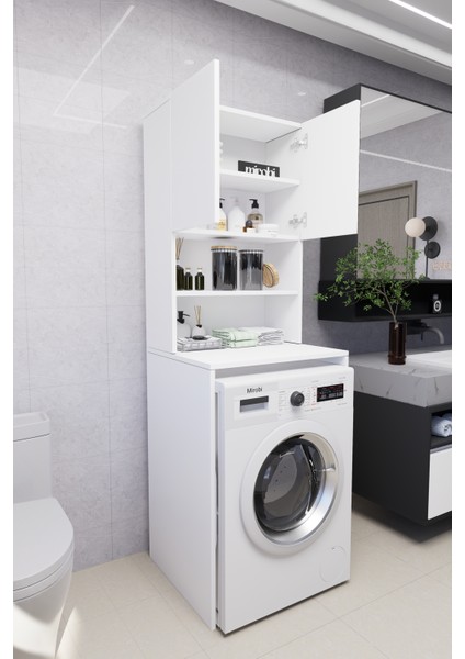 Verani Çamaşır Makinesi Dolabı Banyo Kiler Çift Kapaklı Arkalıklı Dolap Beyaz 180X65X30 indirimleri