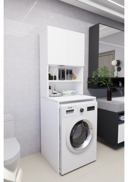 Verani Çamaşır Makinesi Dolabı Banyo Kiler Çift Kapaklı Arkalıklı Dolap Beyaz 180X65X30