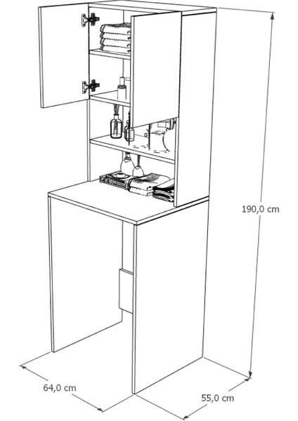 Verani Çamaşır Makinesi Dolabı Banyo Kiler Çift Kapaklı Arkalıklı Dolap Beyaz 180X65X30