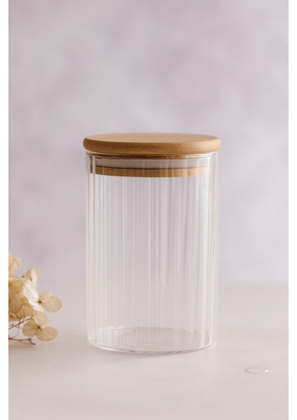 3’lü Çizgili Cam Baharatlık Seti, Hava Geçirmez Bambu Kapaklı, 850 ml