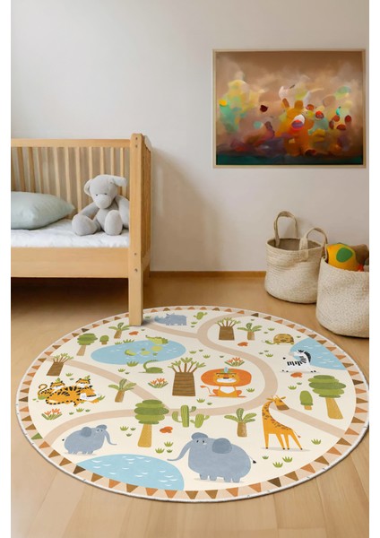 Dekoratif Yıkanabilir, Yuvarlak Kaymaz Tabanlı, Yuvarlak Çocuk Odası Halısı - WOOSOFTKECE037