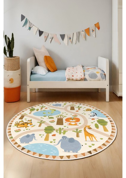 Dekoratif Yıkanabilir, Yuvarlak Kaymaz Tabanlı, Yuvarlak Çocuk Odası Halısı - WOOSOFTKECE037 fiyatları