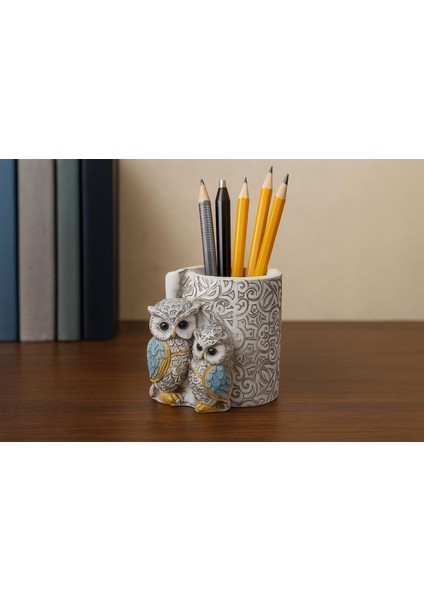 Lüks Işlemeli Aynalı Baykuş Kalemlik Biblo Dekoratif Heykel Ev Ofis Yeni Yıl Hediyelik 9 X7 cm