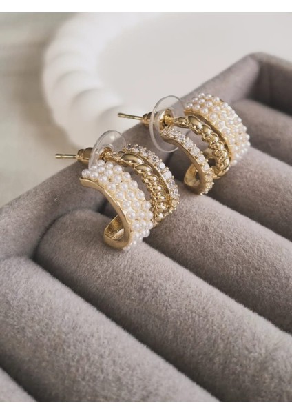 Premium Paslanmaz Çelik Inci ve Zirkon Taş Detaylı Çoklu Görünümlü Gold Küpe