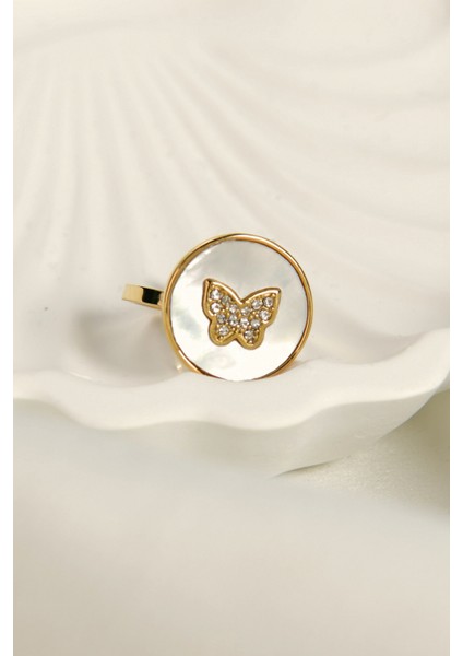 Üzeri Kaplı Üzeri Taşlı Kelebek Figürlü Ayarlanabilir Çelik Yüzük