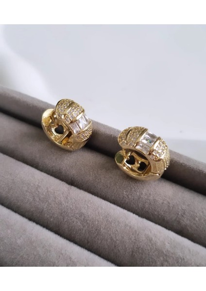 Premium Paslanmaz Çelik Zirkon Taşlı Gold Halka Küpe