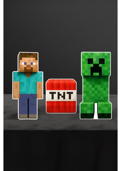 Minecraft 3'lü Masa Süsü (Creeper, Steve, Tnt Doğum Günü Parti Malzemeleri)