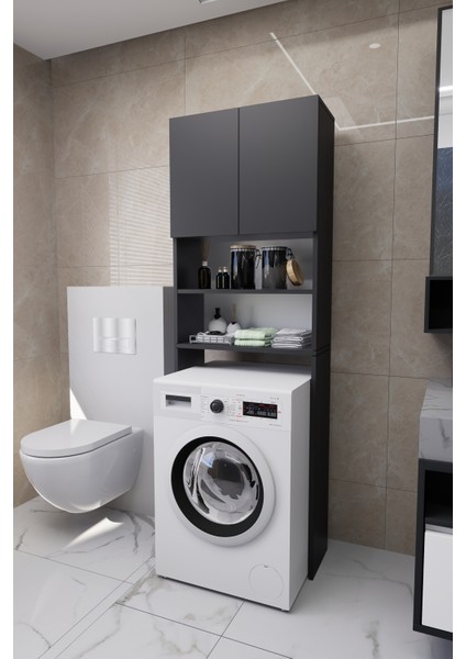 Luka Çamaşır Makinesi Üstü Çok Amaçlı Banyo Dolabı Kapaklı ve Raflı, Depolama Alanı, Modern Antrasit