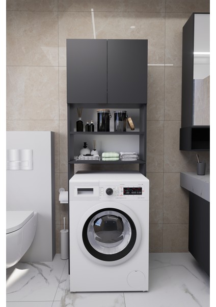 Luka Çamaşır Makinesi Üstü Çok Amaçlı Banyo Dolabı Kapaklı ve Raflı, Depolama Alanı, Modern Antrasit modelleri